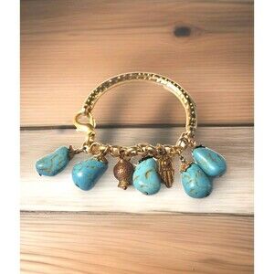 Vintage Mediterranean  Turquoise Hamsa Hand  Fish Amulet Charm Gold Bracelet